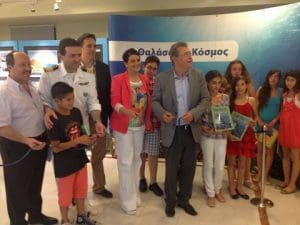 The inauguration of the Exhibition (from left to right): Mr. N. Fronas/Chairman of the Modern Greek Art Museum, Captain G. Seferiadis/Central Harbour Master of Rhodes, Mr. C. Triantafillou/HELMEPA’s Environmental Awareness Section, Ms. A. Hadjinikita-Kampouri/Director of the Volunteer Office of Rhodes, Mr. S. Kousournas/Mayor of Rhodes and the award-winning students.