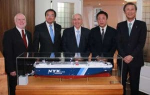 Peter Hinchliffe, ICS Secretary General; Koji Sekimizu, IMO Secretary-General, Spryos M Polemis, ICS immediate past chairman, Masamichi Morooka, ICS Chairman and Yasumi Kudo, President of NYK