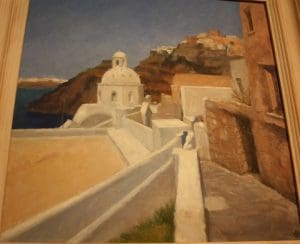 View of Santorini. Oil on board. By Anne Wright.