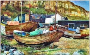 Boats on the Beach, Hastings. Oil on canvas. By Tim Feltham.