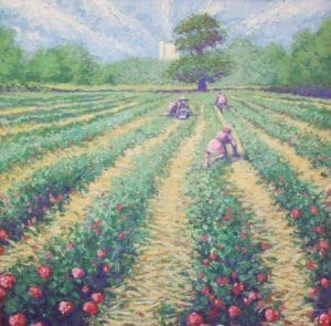 Strawberry Pickers. Thick oil on canvas. By Bobby Jessamine.