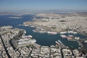 An areal view of the Passenger and Cruise section of the Port of Piraeus