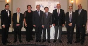 Thomas Kazakos, CSC Director General; Peter Hinchliffe, ICS Secretary General; Karin Orsel, ICS Vice Chairman; Eugen Adami, CSC President; Masamichi Morooka, ICS Chairman; Dirk Fry, CSC Board member; John C Lyras, ICS Vice Chairman; and Gerardo Borromeo, ICS Vice Chairman.