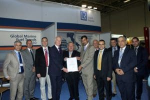 l to r: D. Psaradakis, TCM Senior Technical Director, R. Sadler, S. Dimakopoulos, TCM Deputy Managing Director, T. Boardley, V. Papageorgiou, Vice Chairman of Tsakos Group, Capt. P. Drosos, TCM Managing Director, A. Poulovassilis, Y. Giannakopoulos, TCM HSQEE Marine Manager