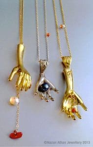 Three hand pendants and brooch. C Nazan Alhas Jewellery.