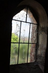 Cobwebs cling to windows in ruined synagogue of Kráľovský Chlmec.