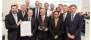 Torsten Schramm, COO Division Germany, Middle East & Asia at DNV GL (far left) and Tor E. Svensen, CEO DNV GL Maritime (far right) present the “DNV GL Excellence 5 stars” certificate to Björn Sprotte, Global Head of Maritime Services at Rickmers Shipmanagement Dr. Ignace Van Meenen, CEO of the Rickmers Group, and Saurish Nandi, Global Head of Procurement, Rickmers Group with the whole team at the SMM.