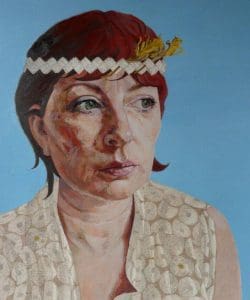Linda Ingham - Easter Self-Portrait with Headband. Oil, jet and silverpoint on handmade ground Arches paper.