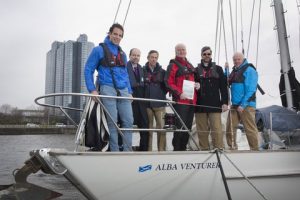 Glasgow’s iconic Armadillo auditorium provides the background for the launch of the Scottish Marine Tourism Strategy on board Ocean Youth Trust Scotland’s ketch Alba Venturer. Left to right: Mark Beaumont, Richard Miller (Scottish Canals). Simon Limb (BMF Scotland), Howard Pridding (CEO BMF), Nigel Hamilton (BMF Tourism) and Martin Latimer (BMF Scotland).