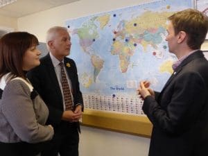 Jean Winfield with Gordon Marsden MP & Andrew Pakes looking at world shipping