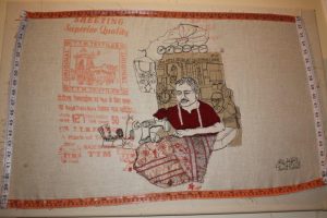 Machine embroidery in the market. By Harriet Riddell.