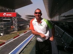 James Barr outside the Sahara Force India suite before the guests arrive at the Buddh International Circuit.