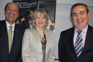 His Excellency Euripides Evriviades, Lithuanian Ambassador Asta SkaisgirytėLiauskiené, and London Academy of Diplomacy director Dr Joseph Mifsud.