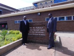 William Azuh (left) and Juvenal J M Shiundu, of the IMO Technical Co-operation Division, London, outside the EMTI Academy in Ethiopia.