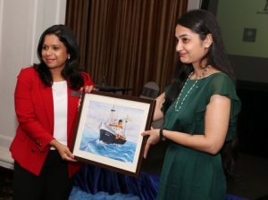 WISTA Sri Lanka’s Shehera Jayawardena receives a memento from international board member Sanjam Sahi Gupta