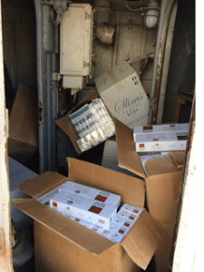 View of the smuggled cigarettes on board the "Grot-Yug"