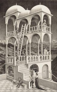Belvedere, May 1958, lithograph. By MC Escher. Collection Gemeentemuseum DenHaag.