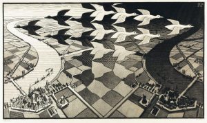 Day and Night, February 1938, woodcut in black and grey. By MC Escher.Collection Gemeentemuseum Den Haag.