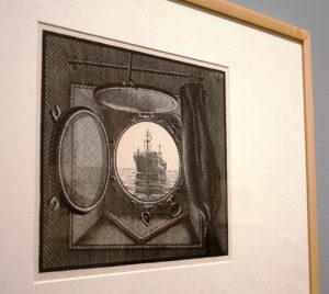 Porthole. Woodcut from two blocks. By MC Escher. Collection Gemeentemuseum Den Haag.
