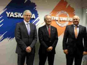 l to r: Manfred Stern is CEO of Yaskawa Europe, and Junji Tsuda is President of Yaskawa group, and JP Makinen CEO of The Switch