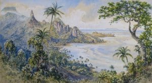 View of Tokou, Ovalau. Watercolour. By Constance Gordon Cumming. CourtesyMuseum of Archaeology and Anthropology, Cambridge.