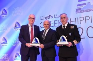 Lloyd's Register Tom Boardley presenting the Awards for Achievement in Safety or Environmental protection to Frontex's George Bourekas and Vice Admiral Athanassios Athanassopoulos Commadant of the Hellenic Coast Guard