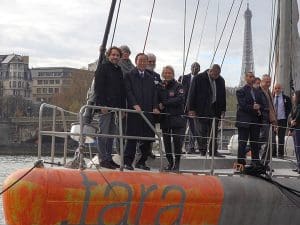 UN Secretary-General Ban ki-moon, centre front, on bord the TARA in Paris