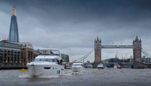 Princess’ exceptional yachts from their line-up sailing past Tower Bridge and the Shard on their way to ExCeL London ahead of the 62nd London Boat Show, launching on Friday 8 January 2016