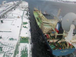 The "Ice Condor", first tanker laden with Arctic crude oil on January 28 2016 moored at the floating storage and offloading unit "RPK NORD"