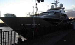 The largest ever boat to be globally launched at the Show - a 40.05m Sunseeker 131 Yacht berthed out on the dockside