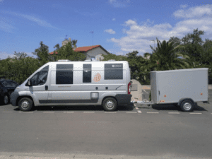 The Jifmar camper vehicle that serves as a complete Falcon base station, ready to head for the French Alps.