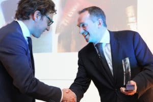 I-Tech Managing Director Philip Chaabane (left) receives the European Marine Engineering Award for Selektope® from IACS Secretary General Robert Ashdown