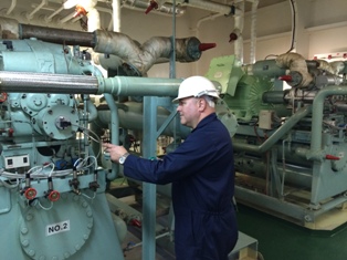 Oceanic’s Technical Director Dave Lloyd leak testing the refrigeration plant aboard an LNGC