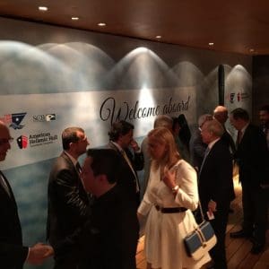 Lined up welcoming guests, the all American - Greek team with (from the rigt): Arnold Witte, chairman of the board, Vincent J. Solarino, Dorothea Ioannou, Joe Hughes, George Alexndratos, Elias Tsakiris and ilias Bobolos