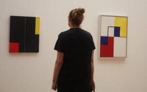 Visitor admires work honouring Mondrian.