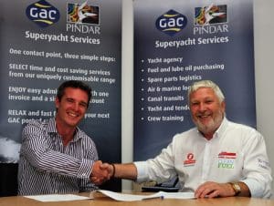 Murray Bishop, GAC Pindar Superyacht Services (left) and Alan Priddy, Team Britannia's Team Principal (right), sign the deal in Southampton