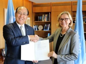 H.E. Mrs. Päivi Luostarinen Ambassador Extraordinary and Plenipotentiary, Permanent Representative of Finland to IMO, handed over the country’s instrument of acceptance to the Ballast Water Management Convention to IMO Secretary-General Lim