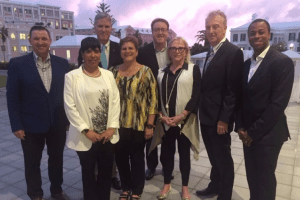 BSMA Chair and BDA Board member Paul Scope; BSMA Board member and WISTA Bermuda President Angelique Burgess; Minister Gibbons; Jeanne Grasso of WISTA International; BSMA Board member Michael Smyth; WISTA Bermuda Vice-President Marilyn Feldman; and BSMA Board member John O’Kelly-Lynch.
