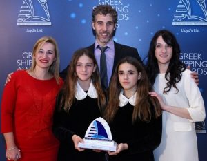 Mr. Mathieu Antin (centre) of sponsor RightShip with Ms. Vanessa Florou, Irini and Elisavet Tsakos and Ms. Alexia Papageorgiou accepting the Ship of the Year Award for “Maria Energy”.