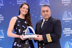 Natalia Tsavliris-Vassilopoulos presenting the "Seafarer of the Year Award" to Captain (MN) Diamantis Papageorgiou